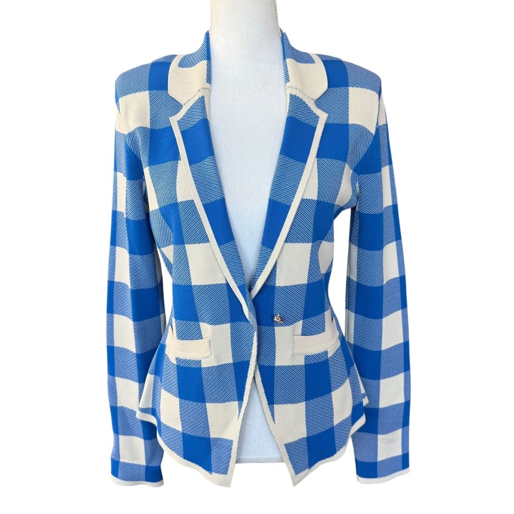 Anthropologie Blue White Buffalo Plaid Knit Blazer‎ Jacket Small